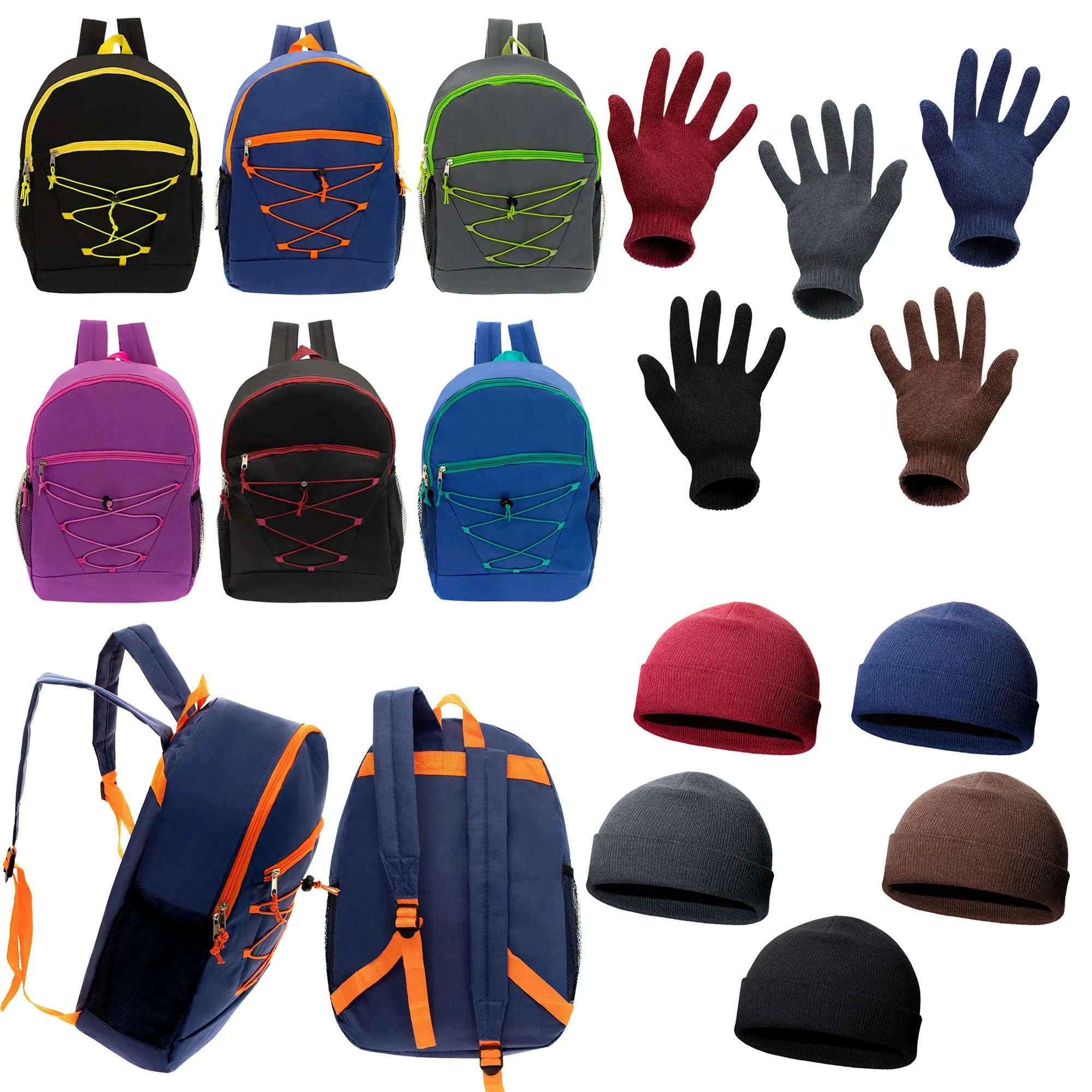 12 Bungee 17" Backpacks in 6 Colors & Your Choice of 12 Winter Item Sets - Wholesale Care Package: Homeless, Emergency, Charity