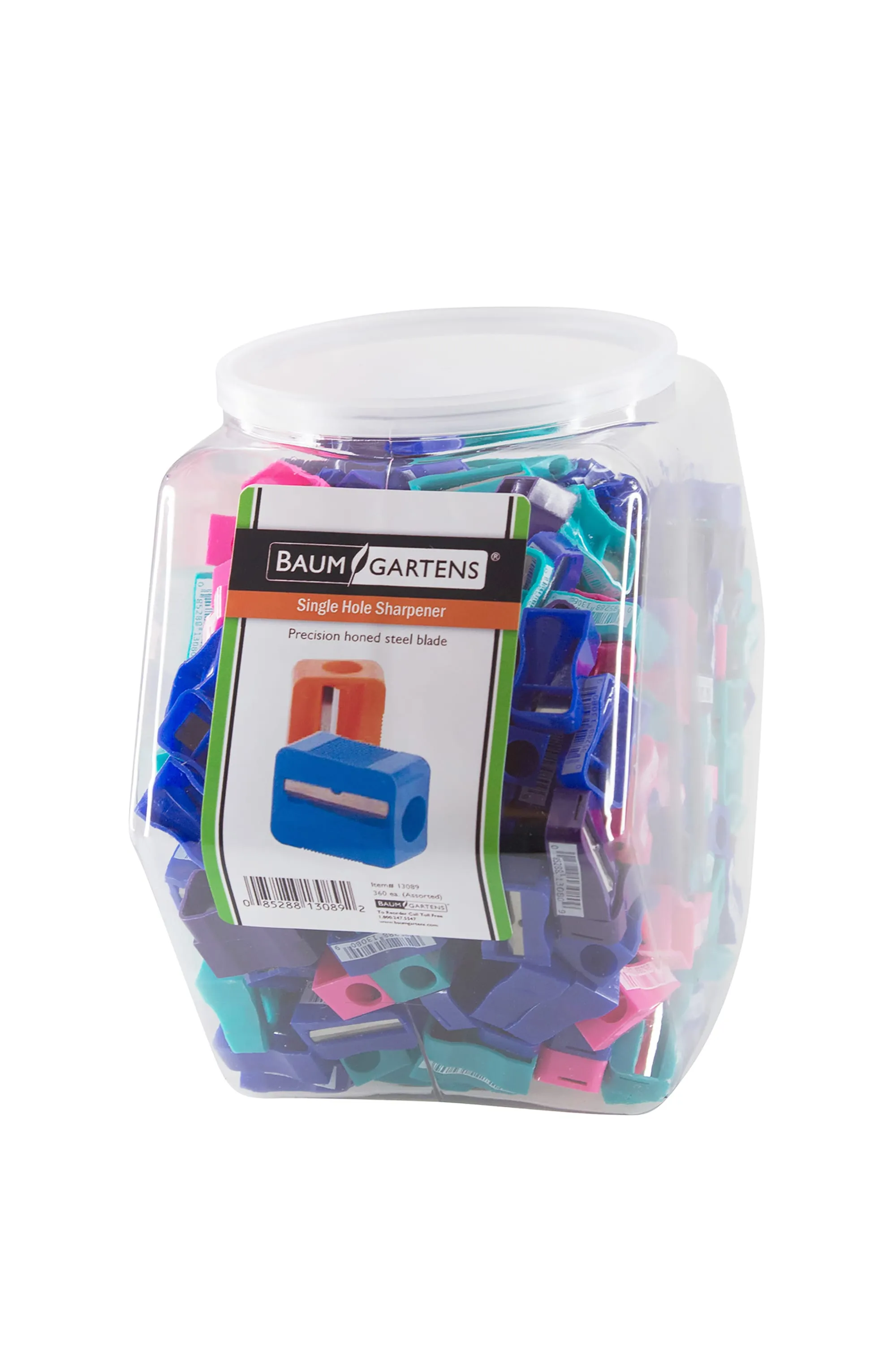 Baumgartens Pencil Sharpeners Single Hole Hexagonal Tub Display of 360 ASSORTED Colors (13089)