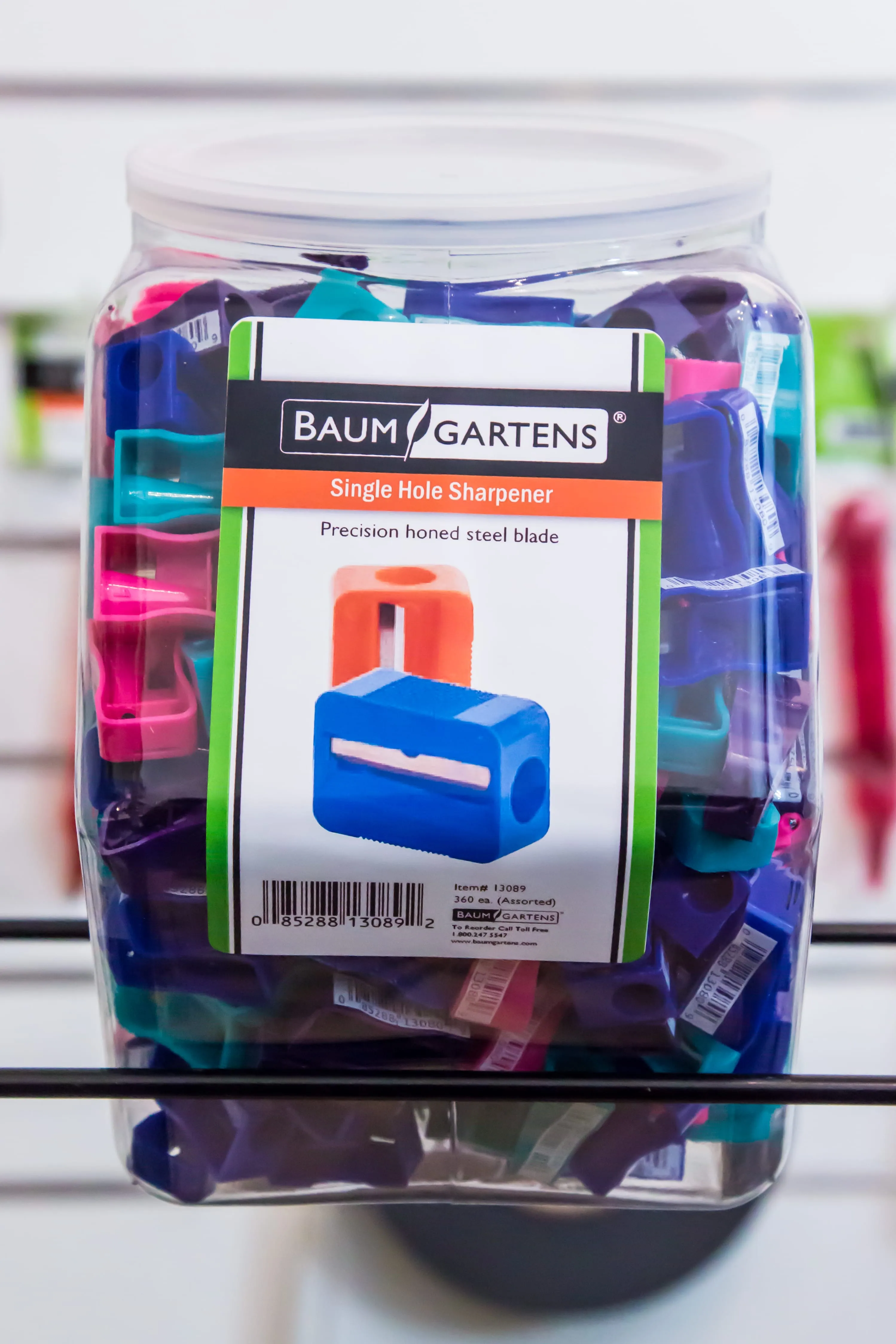 Baumgartens Pencil Sharpeners Single Hole Hexagonal Tub Display of 360 ASSORTED Colors (13089)