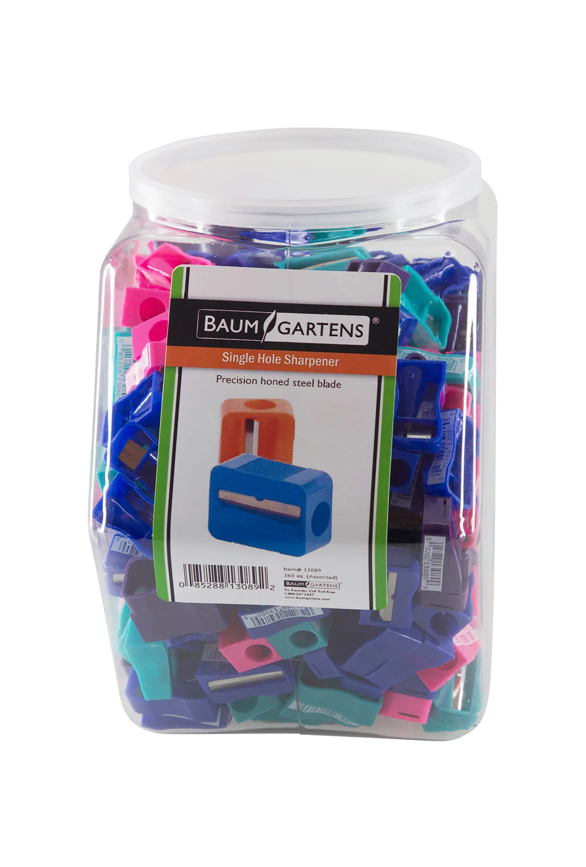 Baumgartens Pencil Sharpeners Single Hole Hexagonal Tub Display of 360 ASSORTED Colors (13089)