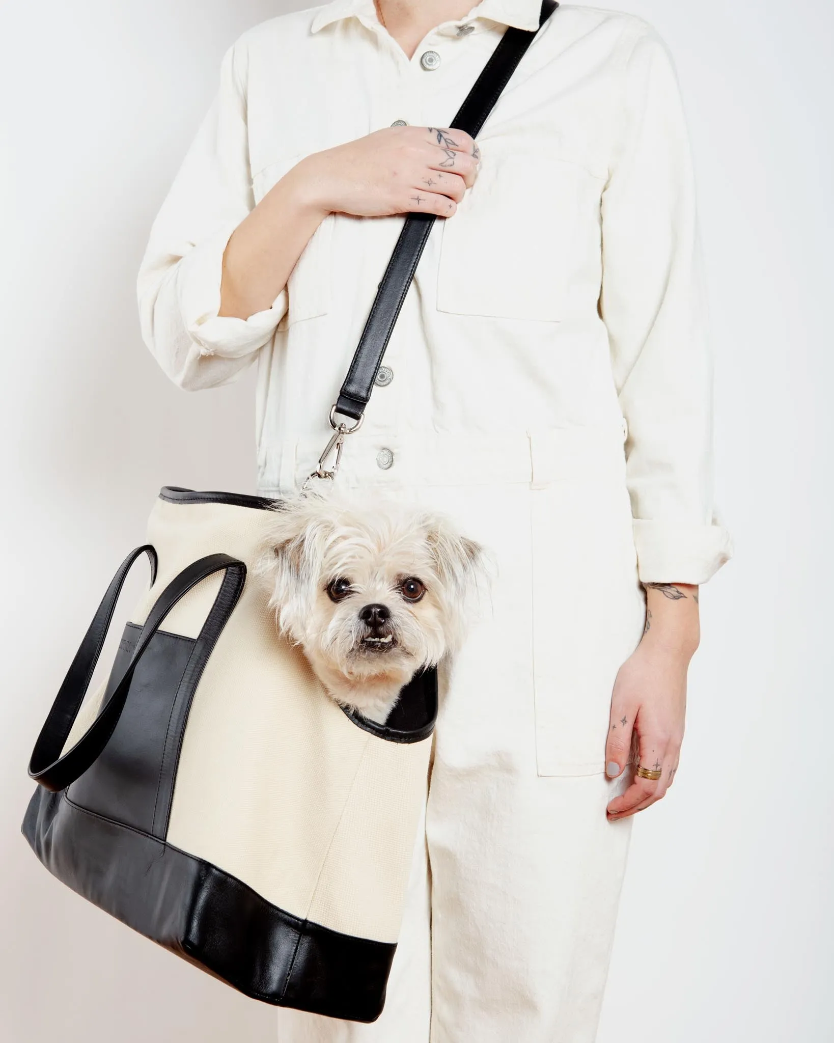 Black Leather & Natural Canvas Luxe Dog Carrier (Made in Mexico)(Dog & Co. Exclusive) (FINAL SALE)