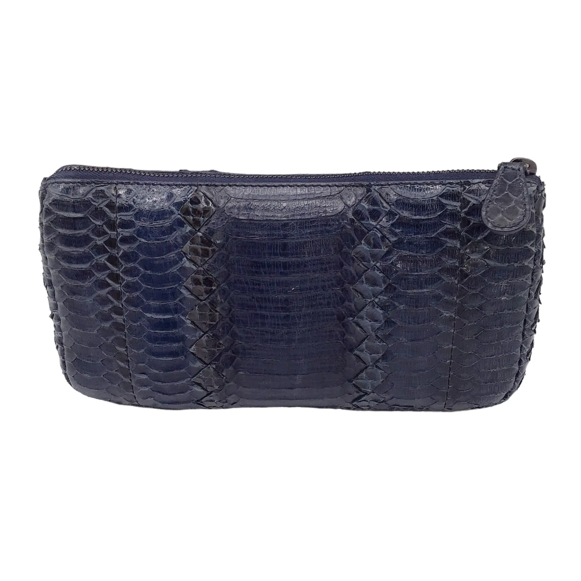 Bottega Veneta Navy Blue Python Skin Leather Zip Pouch Bag