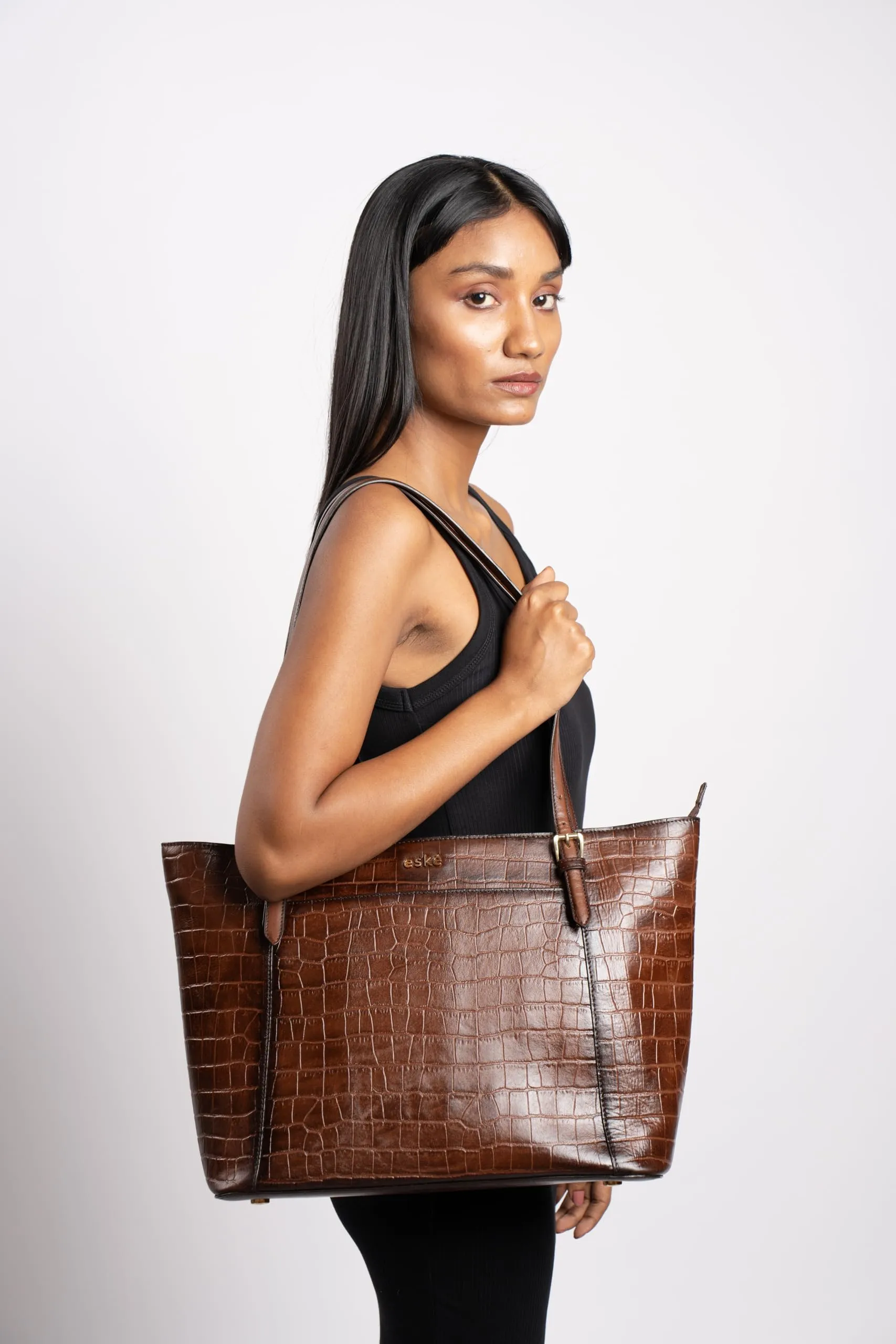 eske Jemma Genuine Leather Tote Bag for Women (Brown Hand-Stitched)