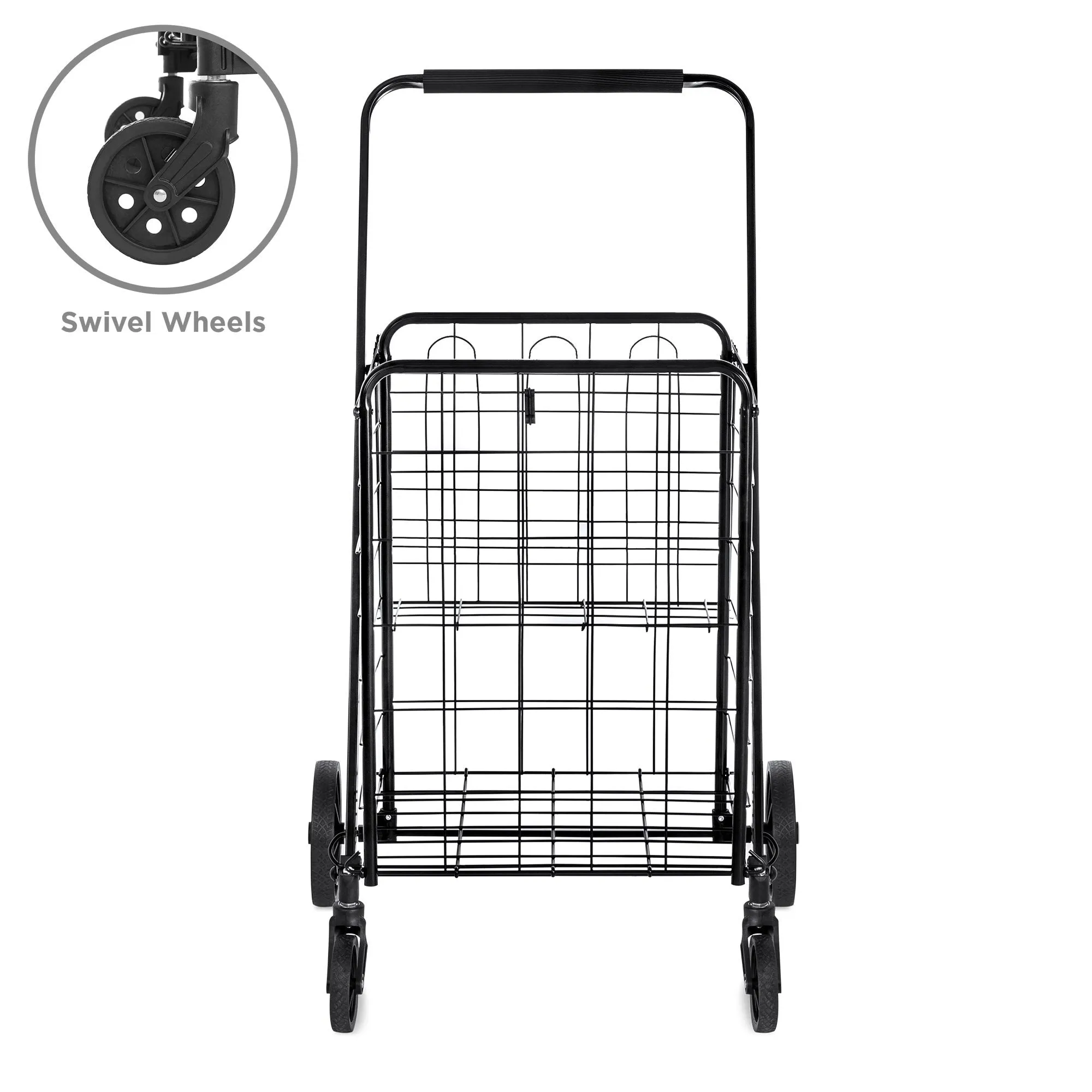 Folding Steel Storage Utility Shopping Cart w/ Bonus Basket, Swivel Wheels