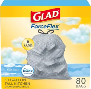 Glad ForceFlex Tall Kitchen Drawstring Garbage Bags: 13 Gallon Capacity, Fresh Clean Scent Infused with Febreze, 80 Count