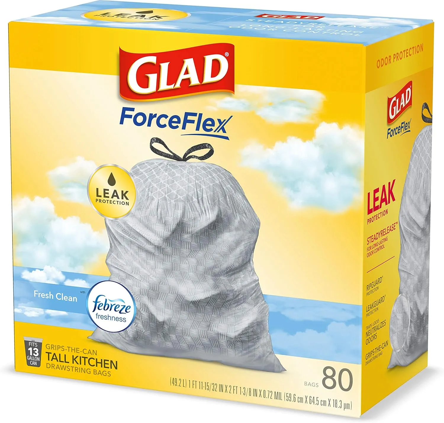 Glad ForceFlex Tall Kitchen Drawstring Garbage Bags: 13 Gallon Capacity, Fresh Clean Scent Infused with Febreze, 80 Count