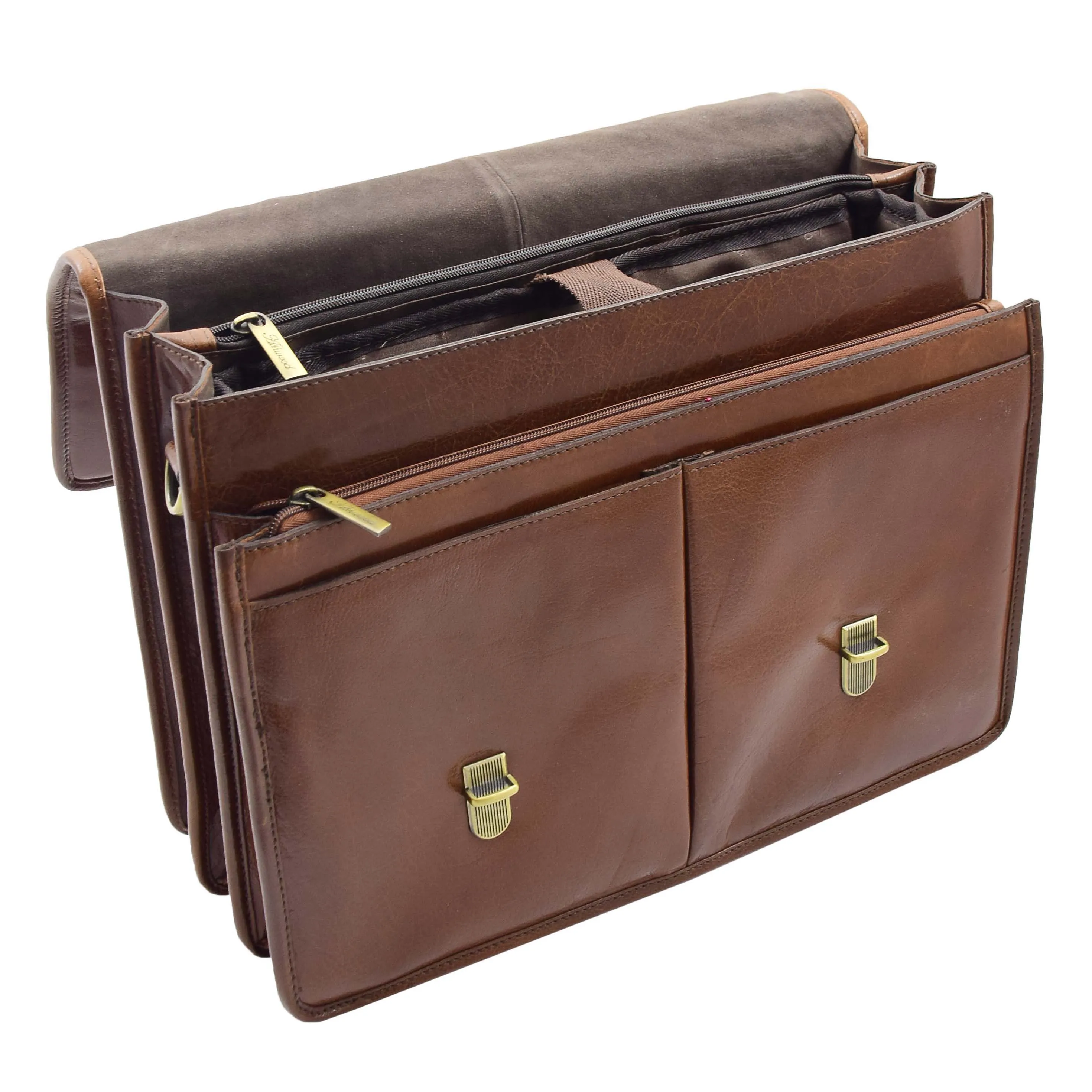 Mens Italian Chestnut Leather Briefcase Expandable Office Bag Laptop Case - Thomas