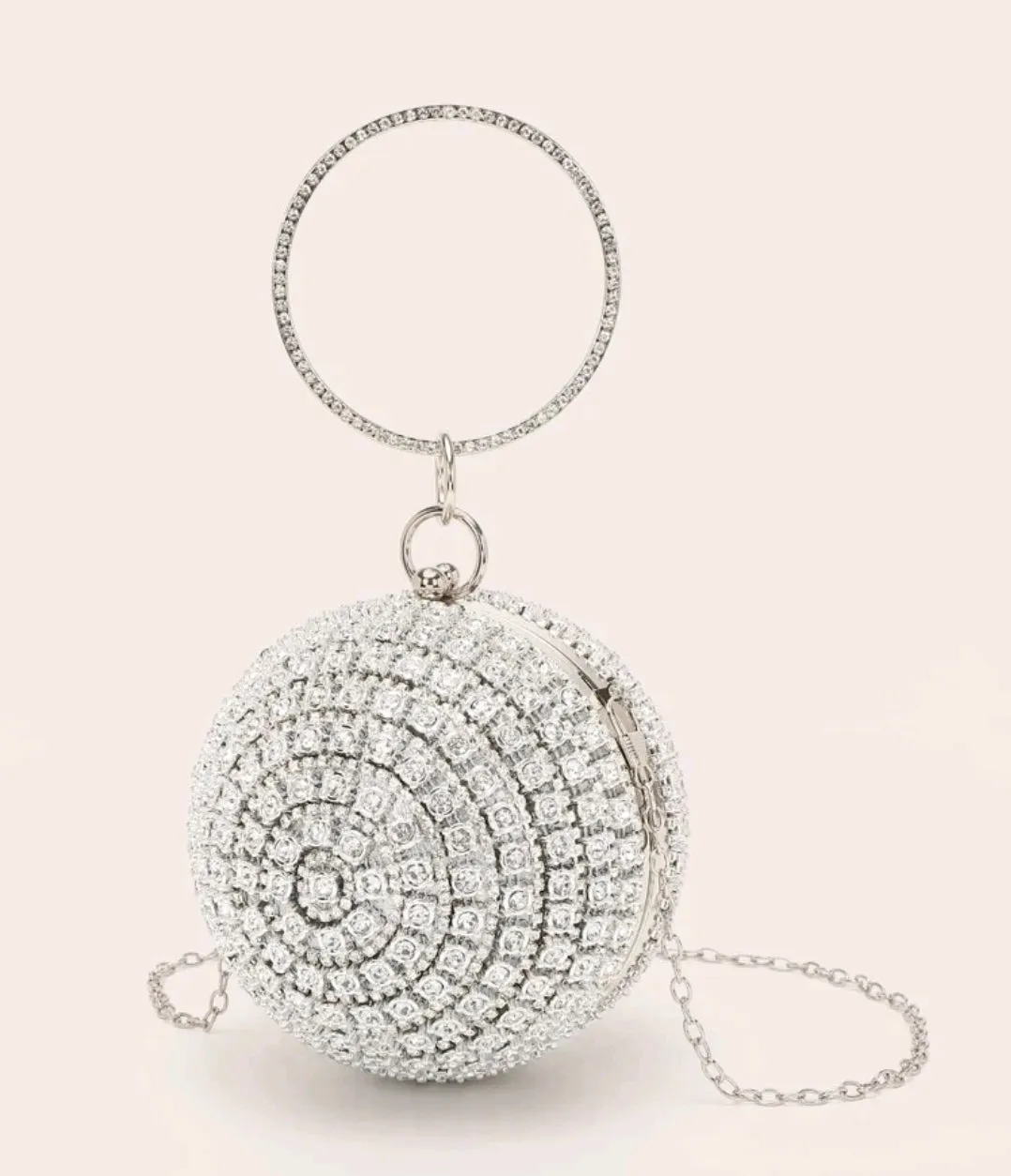 Silver rhinestone decor top ring circle bag.