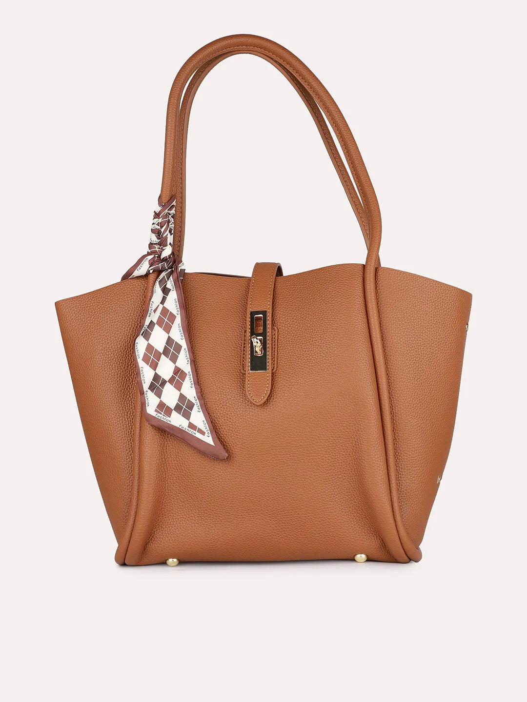 Women Tan Solid Structured Oversized Tote Bag With Buckle Detail