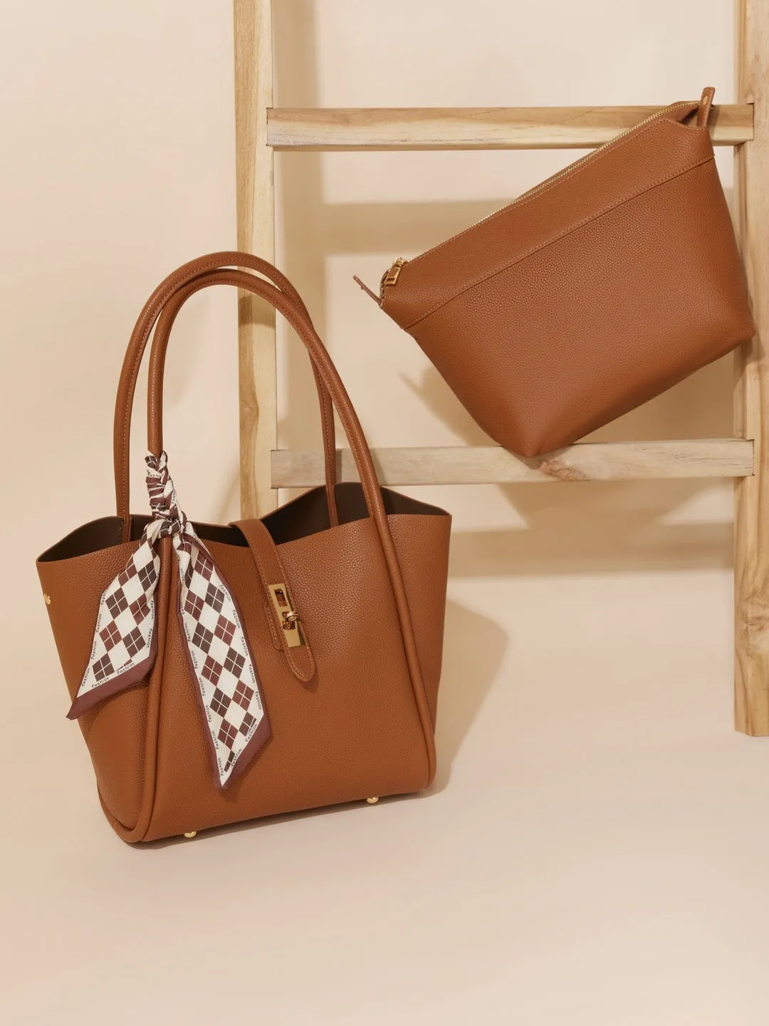 Women Tan Solid Structured Oversized Tote Bag With Buckle Detail